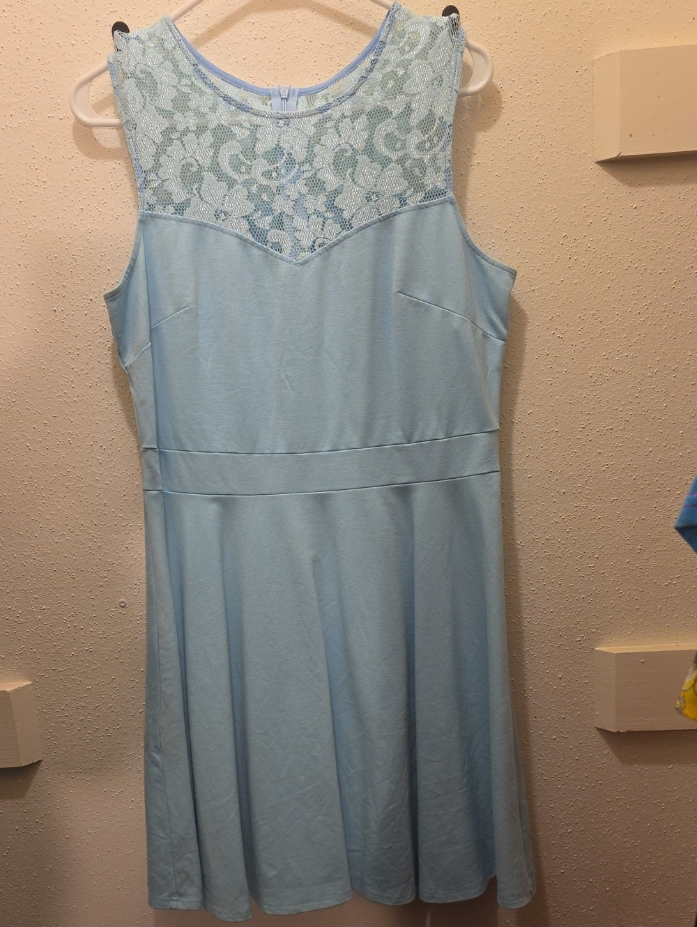 Sleeveless Light Blue Lace Yoke Skater Dress